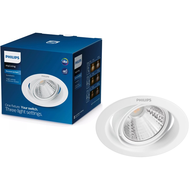 Спот LED за вграждане Philips Pomeron, 3W, 200 лумена, Регулируем интензитет на светлината, Топла светлина (2700K), IP20