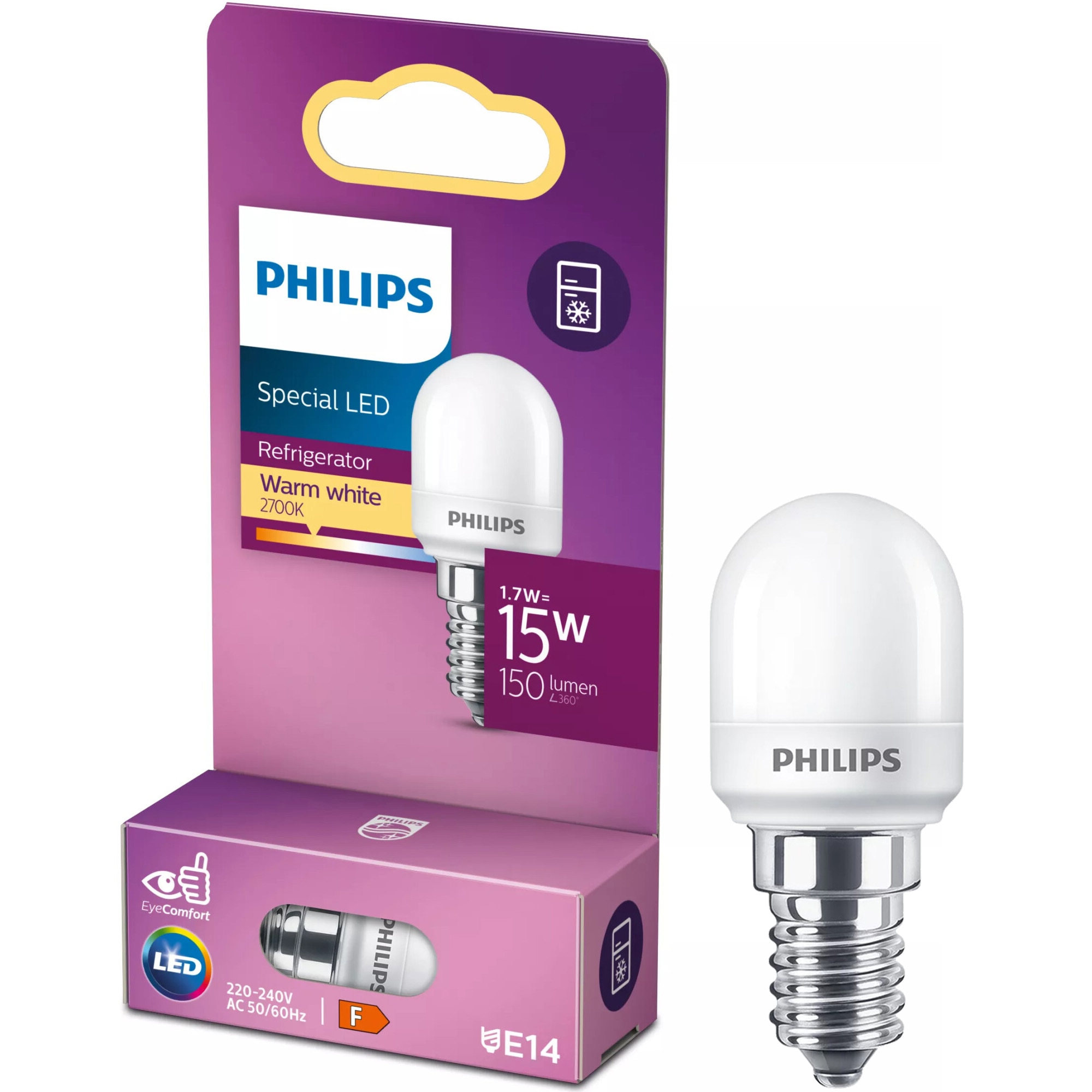 Bec LED lumanare Philips T25, E14, 1.7W (15W), 150 lm, lumina calda (2700K), Clasa energetica F