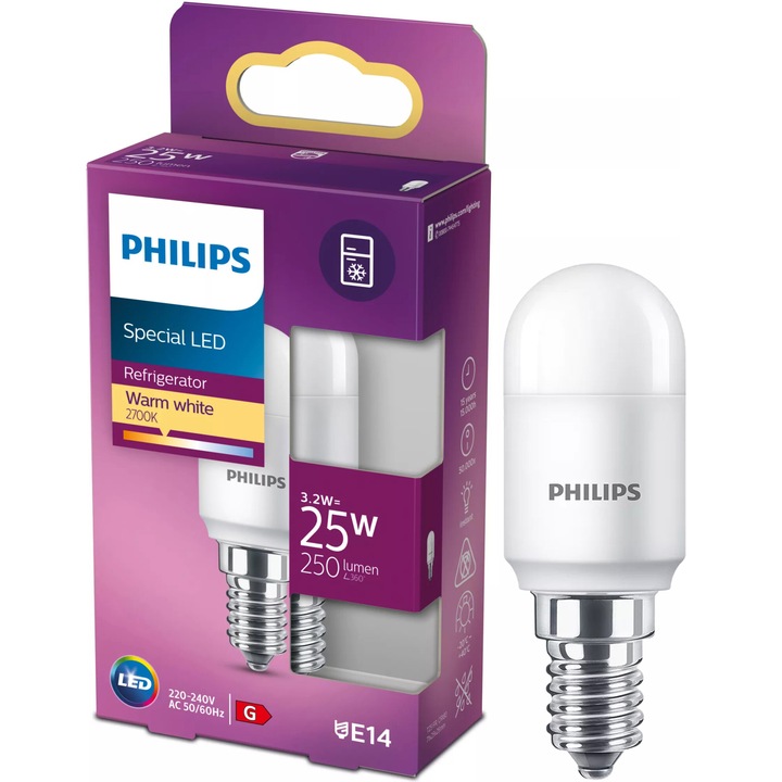 Крушка LED Philips T25, Тип свещ, E14, 3.2W (25W), 250 лумена, Топла светлина (2700K), Енергиен клас G