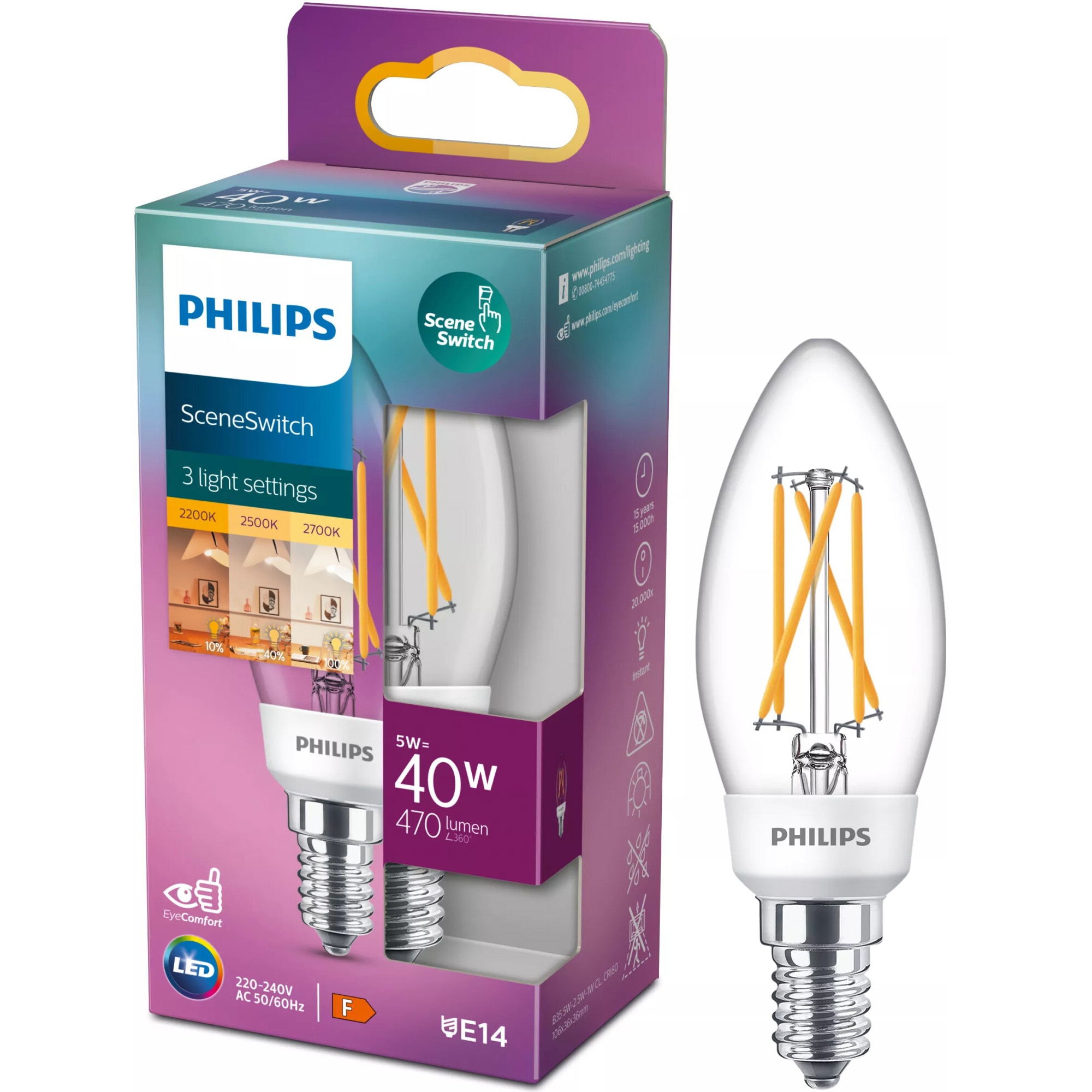 Bec LED Philips B35, E14, 5W (40W), 470 lm, temperatura lumina reglabila, Clasa energetica F
