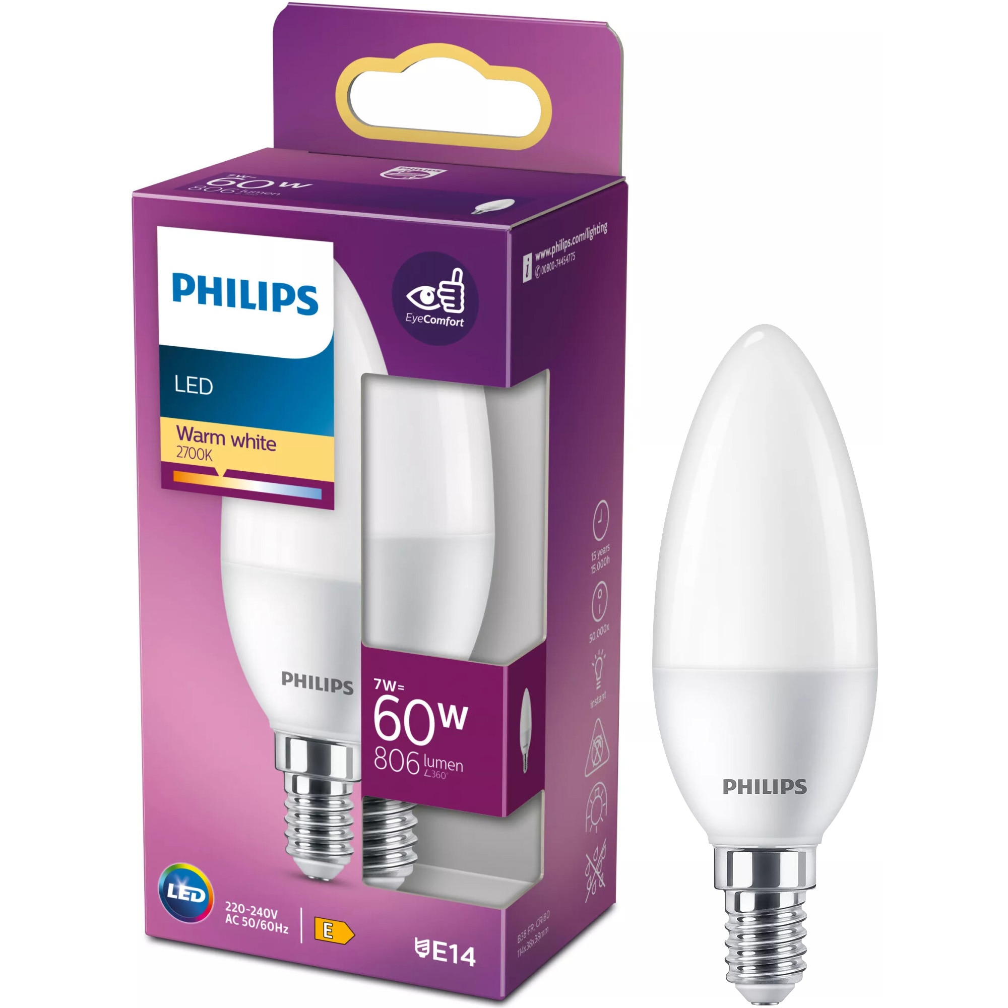 Bec LED lumanare Philips B38, E14, 7W (60W), 806 lm, lumina calda (2700K), Clasa energetica E