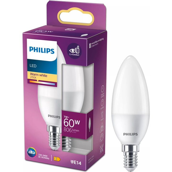 LED крушка Philips B38, Свещ, E14, 7W (60W), 806 lm, Топла светлина (2700K), Енергиен клас E