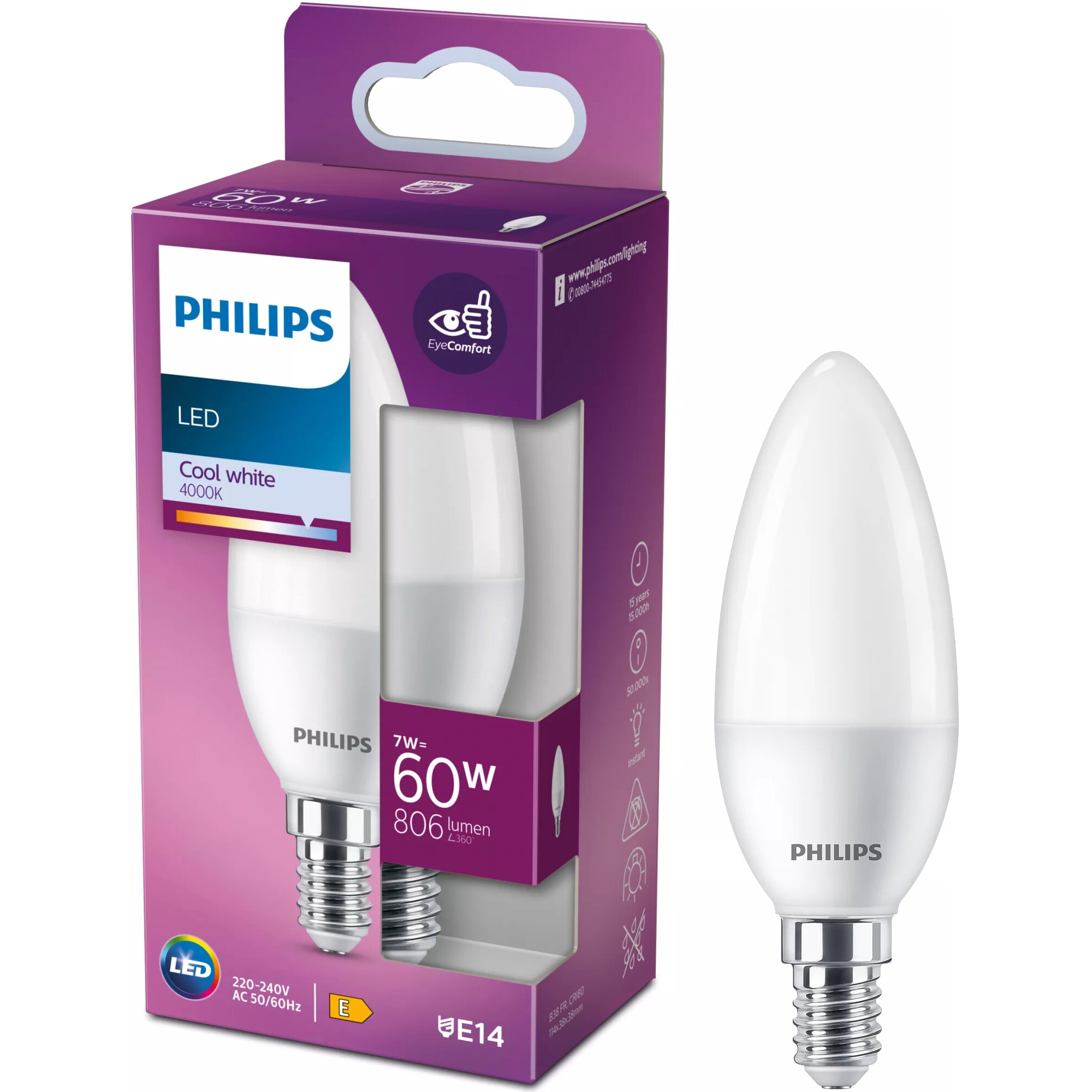 Bec LED lumanare Philips B38, E14, 7W (60W), 806 lm, lumina alba (4000K), Clasa energetica E