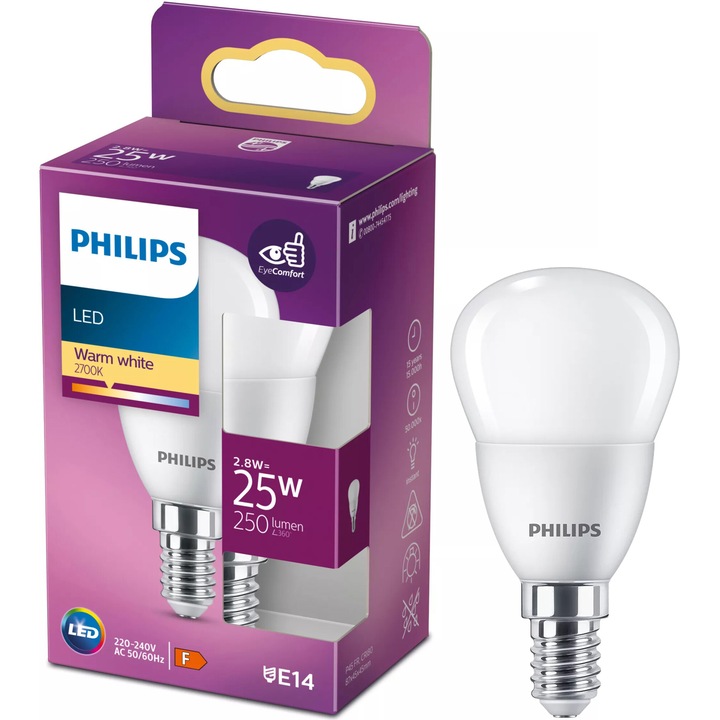 LED крушка Philips P45, Свещ, E14, 2.8W (25W), 250 lm, Топла светлина (2700K), Енергиен клас F