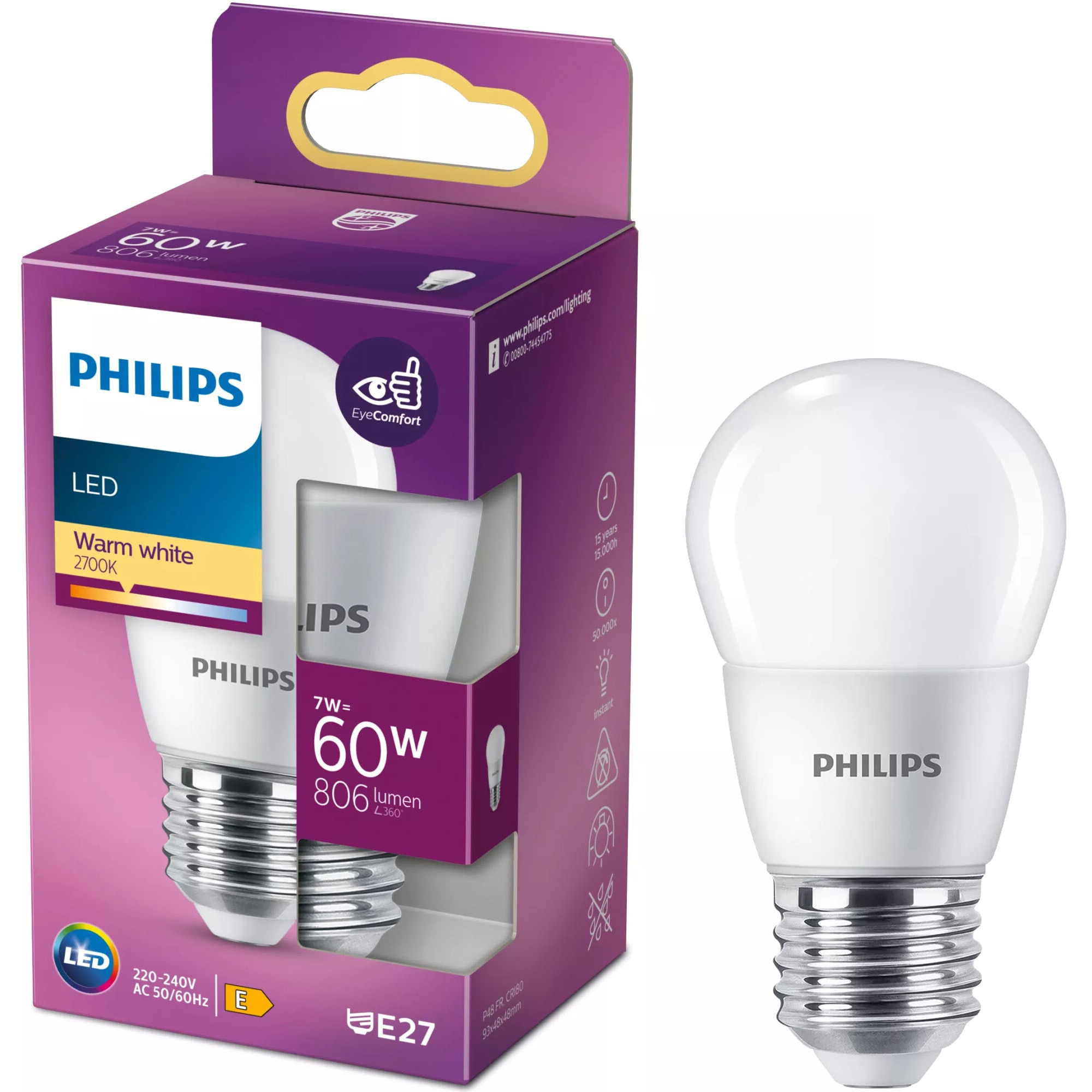 Bec LED lumanare Philips P48, E27, 7W (60W), 806 lm, umina calda (2700K), Clasa energetica E