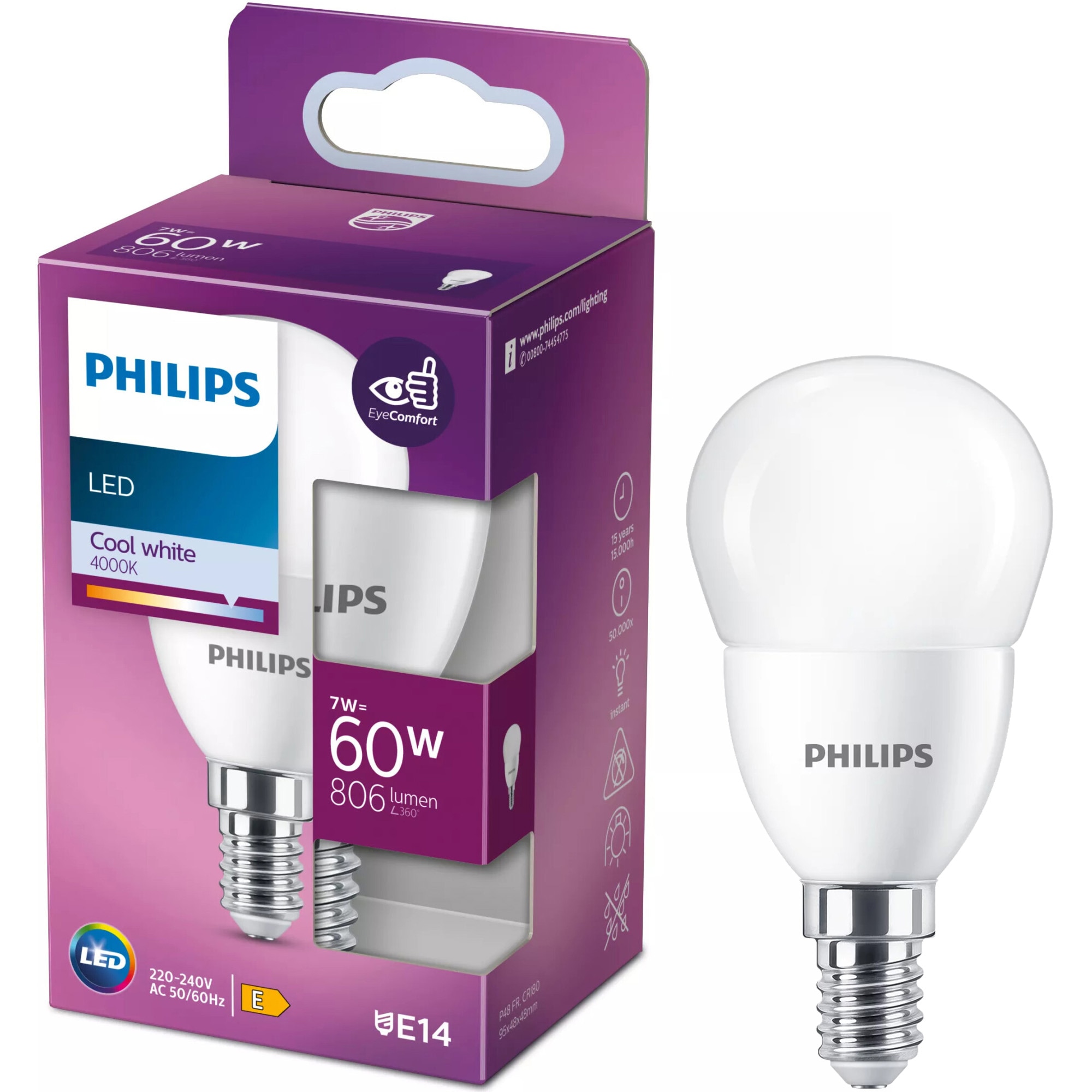 Bec LED lumanare Philips P48, E14, 7W (60W), 806 lm, lumina alba (4000K), Clasa energetica E