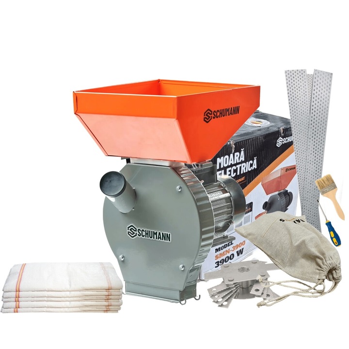 Schumann gabona- és csutkadaráló, 3,9 Kw-os motor, 20 kalapács, 4 szita, zacskó, csavarhúzó és kefe, nagy kád, 300 kg/h + 5 raffia zacskó