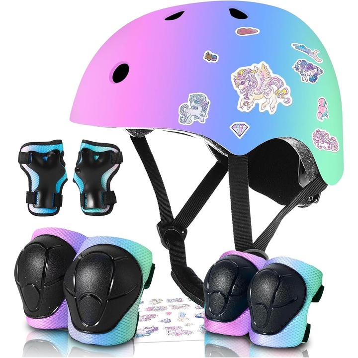 Set Protectie pentru Copii Elindor® Casca 7 in 1 pentru Copil 3-14 ani, Genunchiere, Cotiere, Aparatori Incheieturi, pentru Ciclism, Patinaj, Skateboard, Ideal pentru Bicicleta, Trotineta, Role, Patine, Marime Reglabila, Model Stelute, Marimea S, Gradient