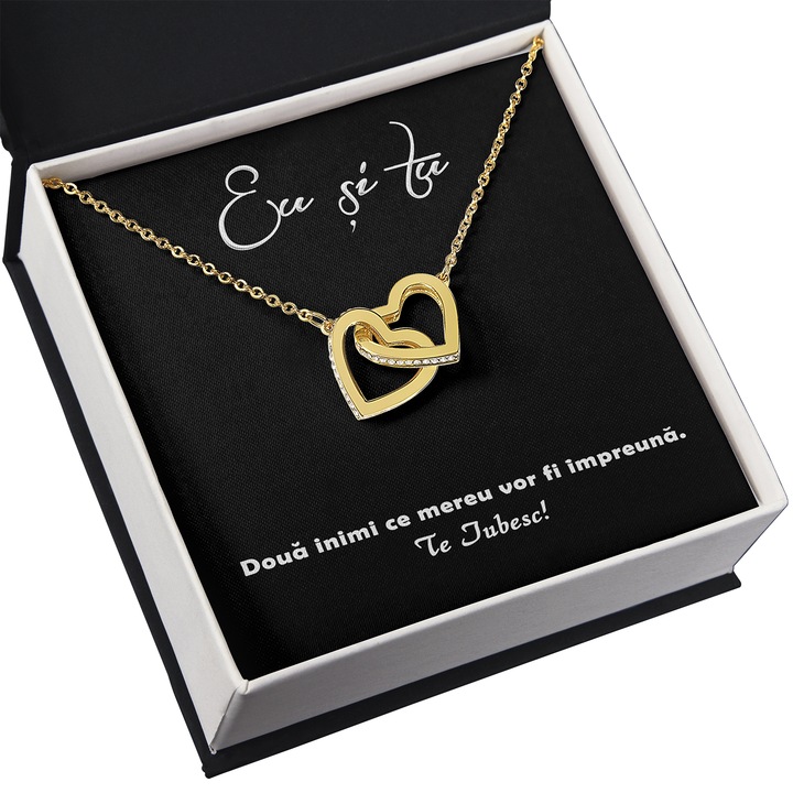 Set Cadou pentru Iubita/Sotie Joystos, Colier Argint 925 Placat cu Aur 18K cu Pandant Doua Inimi Legate si Card Cu Mesajul ”Eu si tu, Doua Inimi ce Mereu Vor fi Impreuna. Te Iubesc” si Card Romantic Razuibil