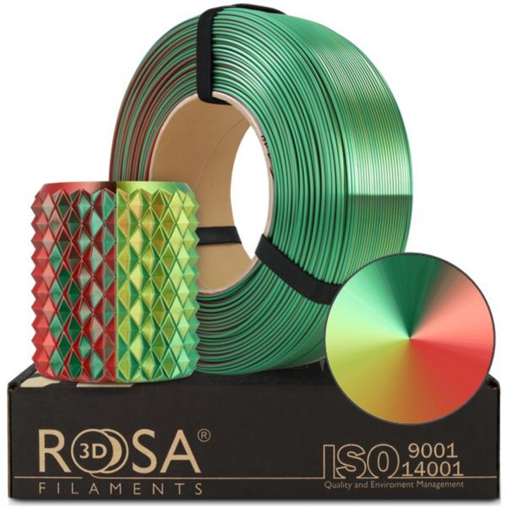 Filament 3D, Rosa3D, Refill PLA Magic Silk Craciun, 1.75 mm, Magic Silk, Stralucitor, Tricolor, Usor De Imprimat, Pentru Incepatori Si Profesionisti, Produs De Inalta Calitate, Pentru Imprimare 3D, Obiect Decorativ, Multicolor, 1 kg, Verde/Rosu