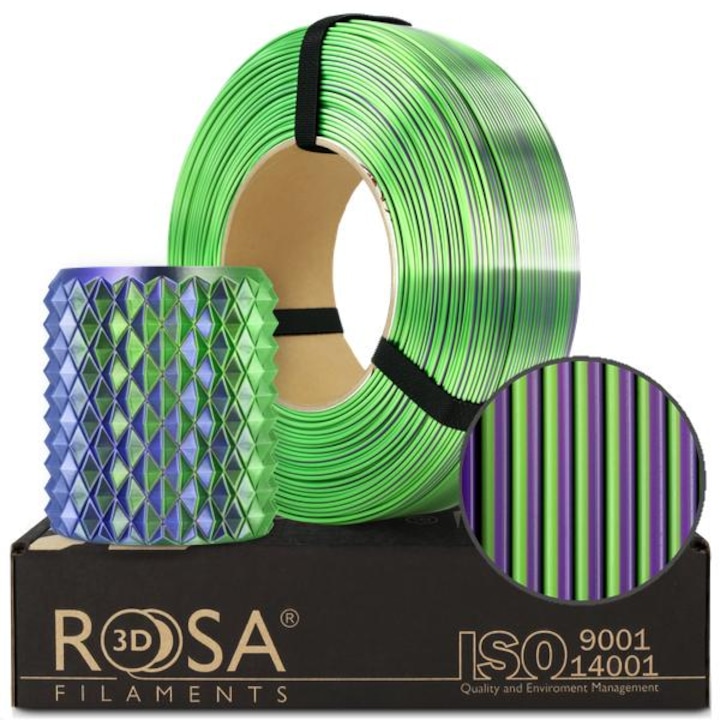 Filament 3D, Rosa3D, Refill PLA Magic Silk Goblin, 1.75 mm, Magic Silk, Stralucitor, Bi-Color, Usor De Imprimat, Pentru Incepatori Si Profesionisti, Produs De Inalta Calitate, Pentru Imprimare 3D, Obiect Decorativ, 1 kg, Verde/Albastru