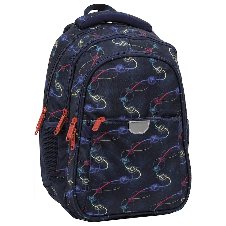 Ергономична ученическа чанта, Zola, 3 отделения, 2 мрежести странични джоба, регулируеми меки презрамки, леко тегло, гръб от дишаща пяна, светлоотразителни елементи, клас 0-4, черен модел Console, 39 x 27 x 20 cm