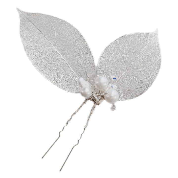 Agrafa mireasa cu frunze argintii, perle albe si cristale swarovski