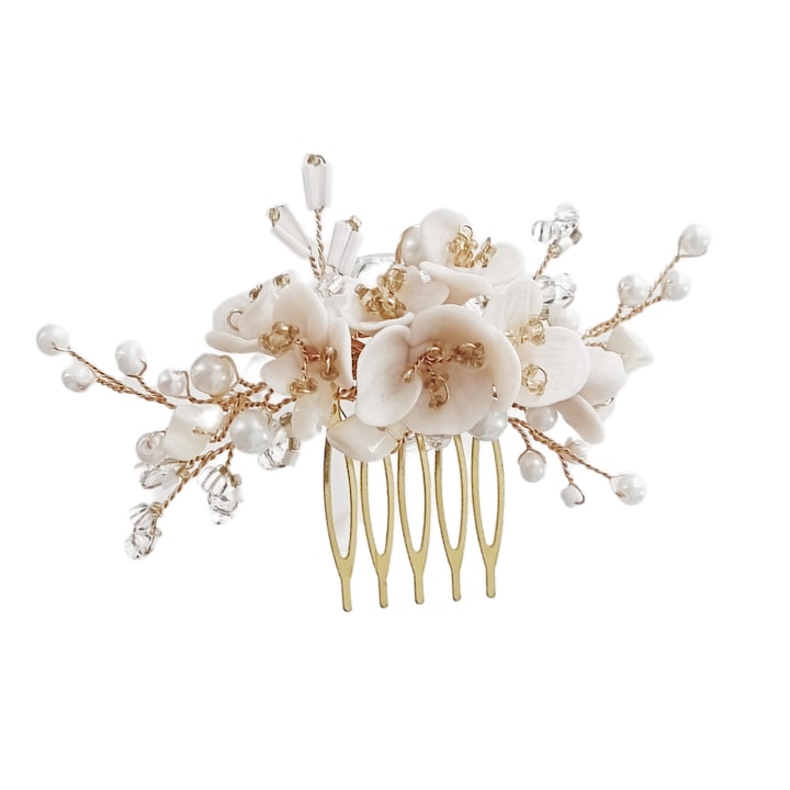 Diadema mireasa LOVELY 4 U, Accesoriu mireasa cu flori si cristale Swarovski, Piepten auriu mireasa cu perle