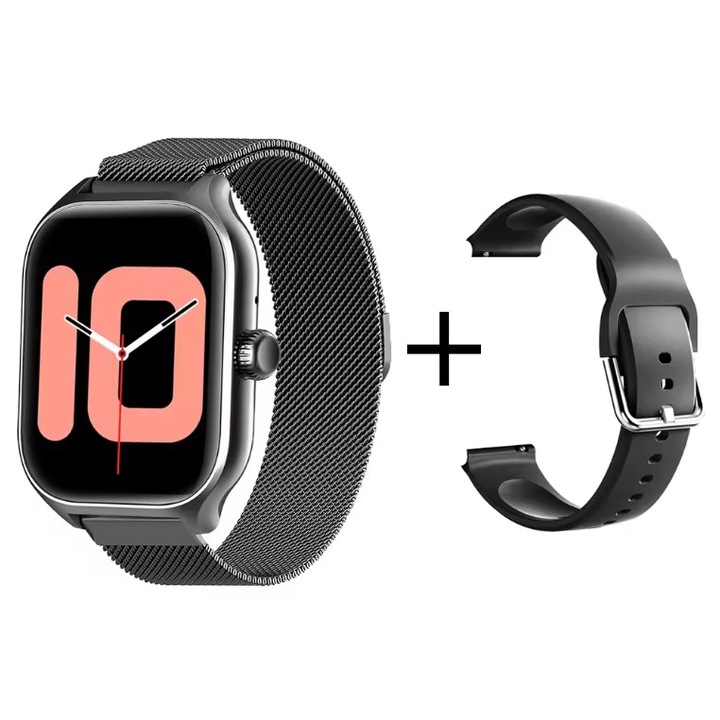 SmartWatch GT4, Unisex, cu Ecran mare de 2,1 inchi, monitorizare, activitati fizice, somn, ritm cardiac plus o curea cadou, Negru