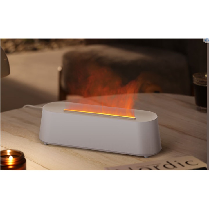 Difuzor aromaterapie cu flacara A3, cu 7 culori, Volum mare de ceata, 50-60db, 500ML, Temporizabil, Multifunctional, ABS, Alb
