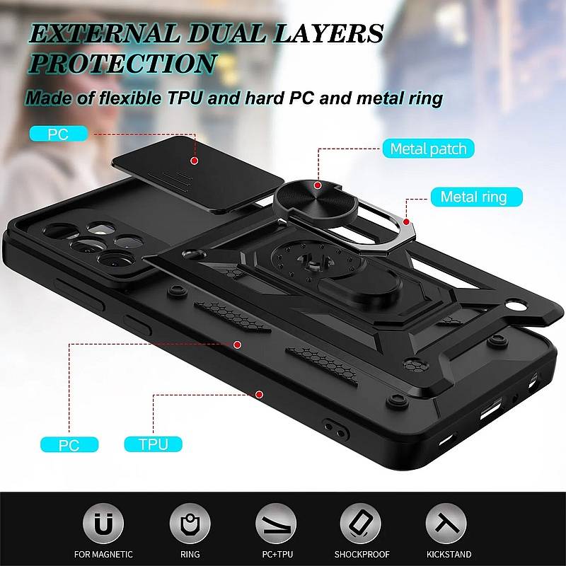 Husa telefon pentru Samsung galaxy S 24 Ultra, TPU, PC, protectie camere, negru, inel rotatie 360 grade