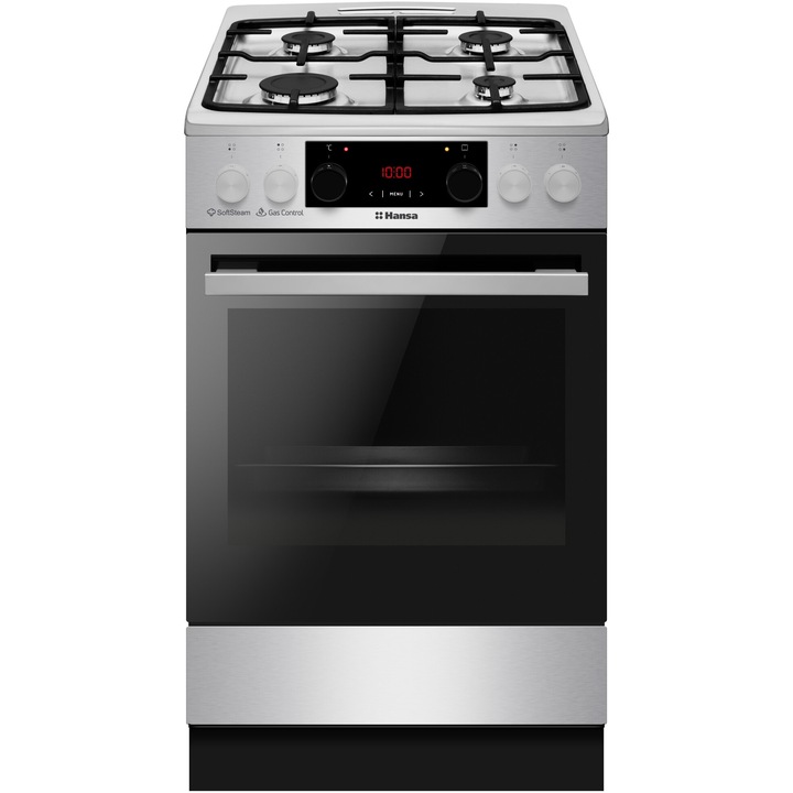 Готварска печка Hansa FCMXS593632, Енергиен клас А, Цвят неръждаема стомана, Газ + електрическа фурна, Обем на фурната 65 литра, 4 зони за готвене, LED дисплей