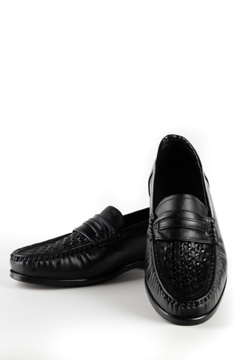 Pantofi din piele stil mocasini cu model impletit, Negru, Negru