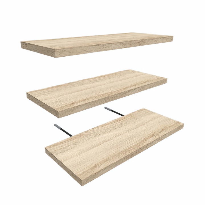 Set 3 Rafturi Suspendate, 45x17x1.8 cm, Culoare Stejar Sonoma, Design Modern, Polite Decorative, Dormitor, Living, Birou, Bucatarie, Baie, Organizare, Depozitare, Polita