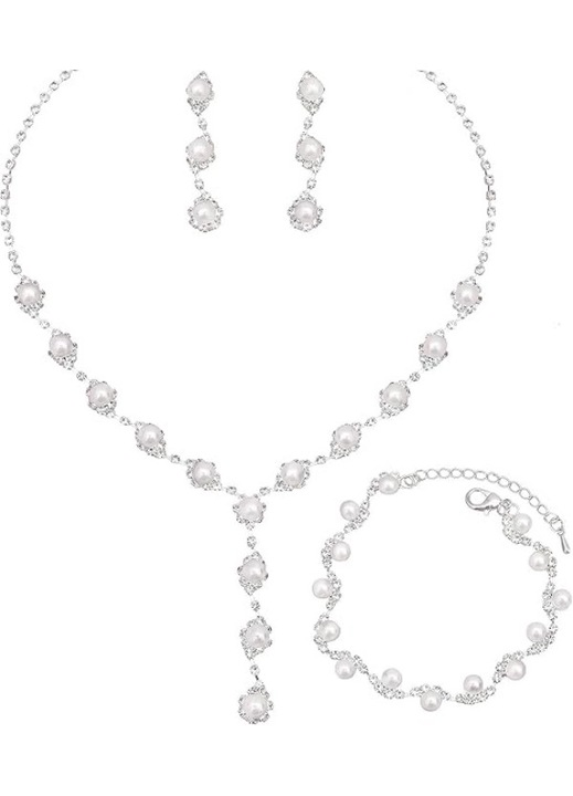 Set bijuterii nunta, colier, cercei si bratara cu strasuri si perle, argintiu, 7+2x15+3x1.5cm
