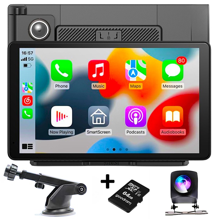 Мултимедийна конзола 72DESI, Bluetooth, 9' сензорен екран, Предна камера 2160p, Задна камера 1080p, Приложение CarPlay/AndroidAuto, FM радио, Mirror Link, Гласово управление, Цикличен видеозапис, Превключвател за камера, AUX кабел, 64 Gb карта