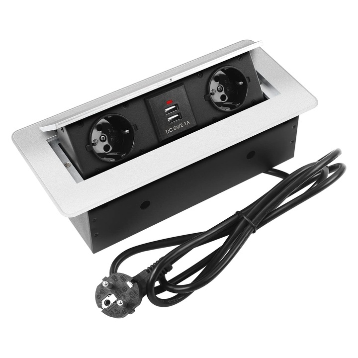 Букса за свързване в кухненски плот, маса или офис, 2 шуко гнезда и 2 USB гнезда с вградено зарядно, вградено, изтеглящо се гнездо за маса, WALALLA, сребристо