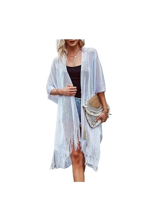 Kimono de plaja cu franjuri si perle, transparent, marime universala