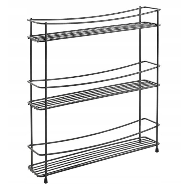 Suport pentru condimente, Metal organizator pentru blatul de lucru, 3 niveluri, Negru, 35x37x8 cm Metaltex