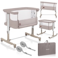 Patut co-sleeper, Lionelo, Aurora, 3 in 1, Cu leganare si setare unghiulara, Include saltea cu densitate T25 si geanta transport, Reglabil in 5 pozitii pe inaltime, Pana la 9 kg, 0 luni+, Bej cappucino