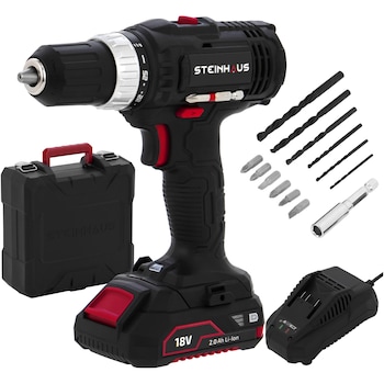 Masina de gaurit si insurubat (bormasina) cu acumulator 18V 2.0Ah Li-Ion Steinhaus, PRO-CD18N, 38Nm, 25 trepte torsiune, 2 trepte turatie 400/1400 RPM, mandrina rapida 13mm, 14 accesorii, cutie plastic
