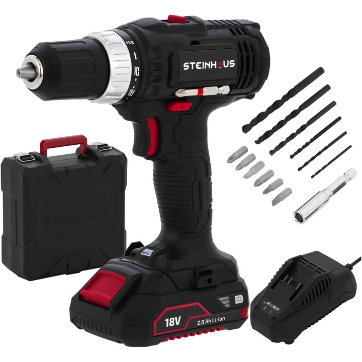 Акумулаторна бормашина Steinhaus с 18V 2.0Ah Li-Ion батерия, PRO-CD18N, 38Nm, 2 скорости 400/1400 об/мин, 13 мм бързозатягащ патронник, 13 аксесоара, Пластмасова кутия