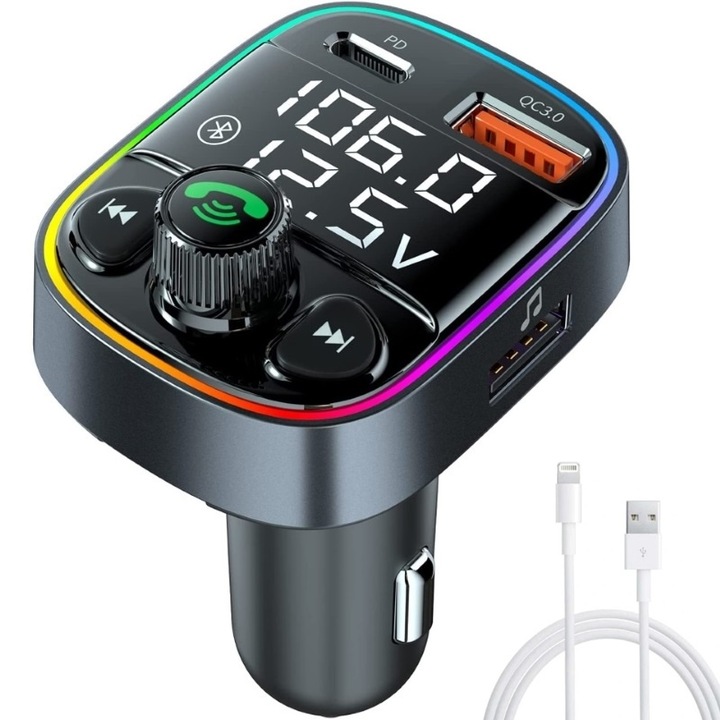 Modulator FM Auto Bluetooth 5, Incarcator Auto, PD30W+QC3.0, MP3 Player, Kit Transmitator FM Hands-Free, Lumina Ambientala Colorata, C87B, IOS