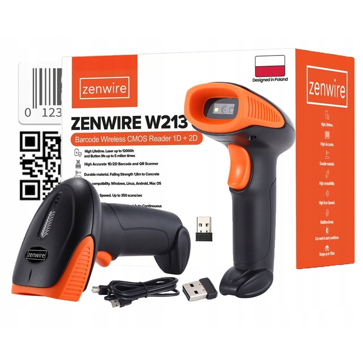Лазерен баркод четец/скенер, Zenwire, W213, 4 mil, 1D / 2D, 150m, баркодове, QR, може да се чете от екран на смартфон, четец, компютър, Съвместим с Windows / Mac OS / Android / Linux и много други