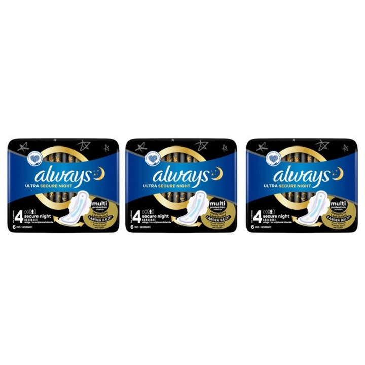 Always, Комплект от 3 x дамски абсорбиращи превръзки 6 бр ултра сигурна нощ, ефикасна абсорбция, комфорт, дълготрайна защита, сигурна фиксация, неутрализира миризмите, против дразнене, предотвратява изтичане