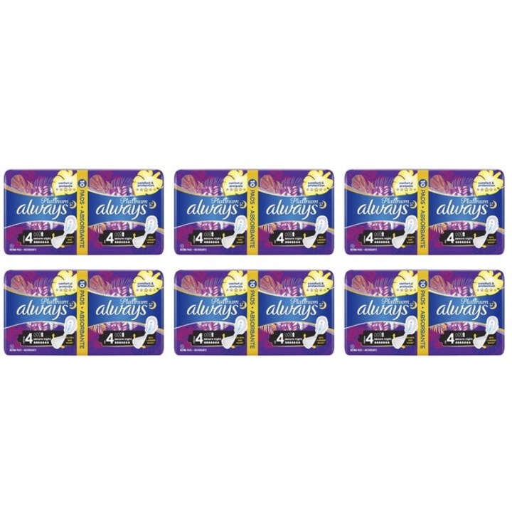 Комплект от 6 x винаги абсорбиращи подложки 10 бр ултра сигурна нощ екстра ефективна абсорбция, комфорт, дълготрайна защита, сигурна фиксация, неутрализира миризмите, против раздразнения, предотвратява изтичане