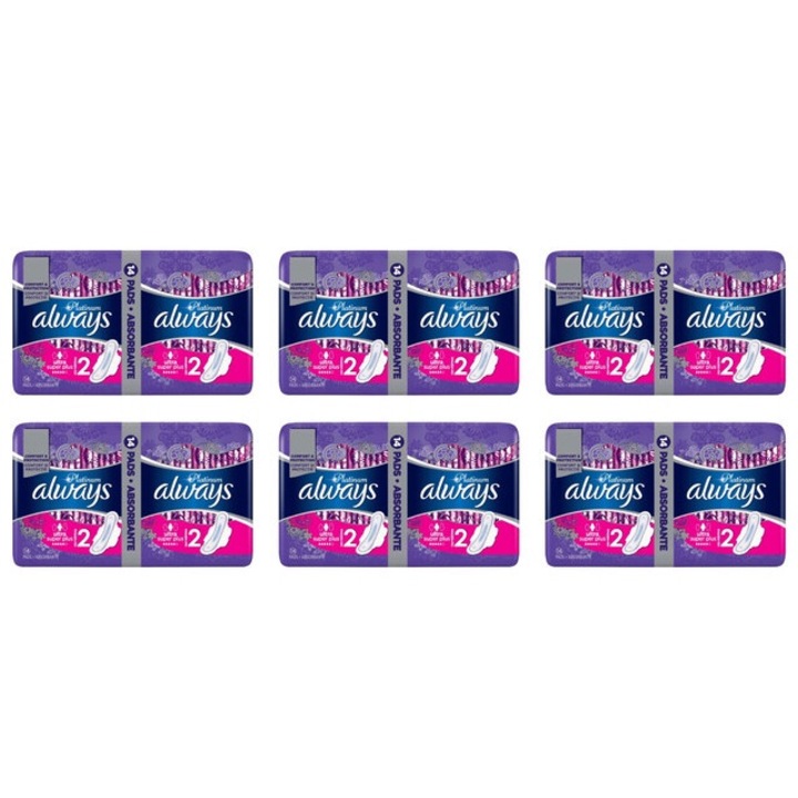 Комплект от 6 пакета с абсорбиращи подложки Always, 14 части / пакет, платинени ултра тънки дълга ефективна абсорбция, комфорт, дълготрайна защита, сигурна фиксация, неутрализира миризмите, против дразнене, предотвратява изтичане