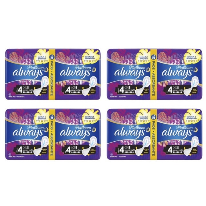 Set 4 x always absorbante 10buc ultra secure night extra absorbtie eficienta, confort, protectie pe termen lung, fixare sigura, neutralizeaza mirosurile, anti-iritatii, previne scurgerile