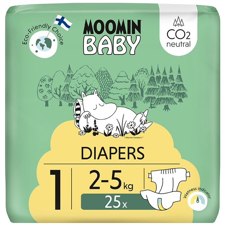 Scutece finlandeze eco Moomin Baby 1 nou nascut, 2-5 kg, 25 bucati
