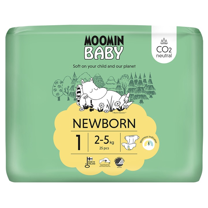 Еко пелени Moomin Baby 1 новородено, Финландски, 2-5 кг 25 броя