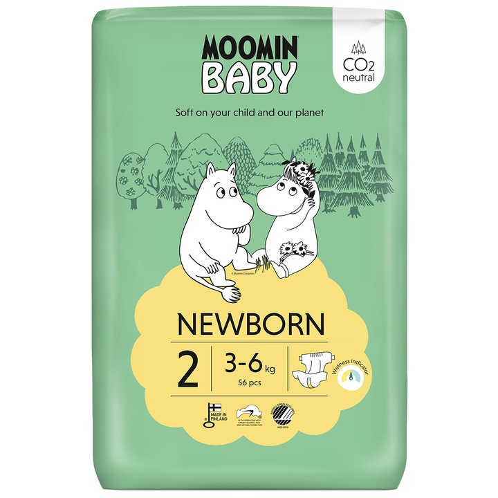 Финландски еко пелени Moomin Baby 2, 3-6 кг, 56 бр