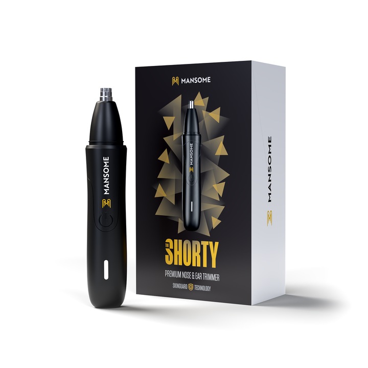 Aparat de tuns pentru nas si urechi MANSOME The Shorty, SkinGuard® lama rotativa dubla, incarcare rapida, negru