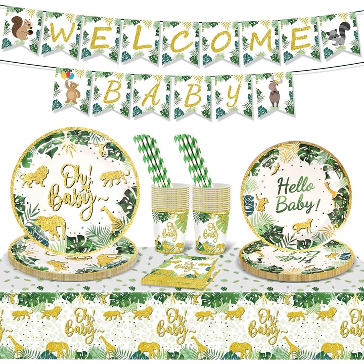 Set de vesela pentru petrecere de copii pentru 25 de persoane, 127 de piese, farfurii de hartie, cupe de hartie, paie de hartie, servetele, decor, pentu baieti/fete