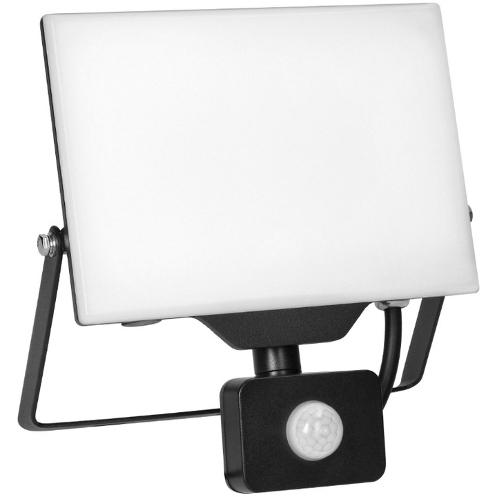 Proiector LED Adviti Porto S AD-NL-6465BLR4, cu senzor de miscare, fara rama, 50W, LED SMD, 4000 lm, IP65, 4000K, Aluminiu, Negru