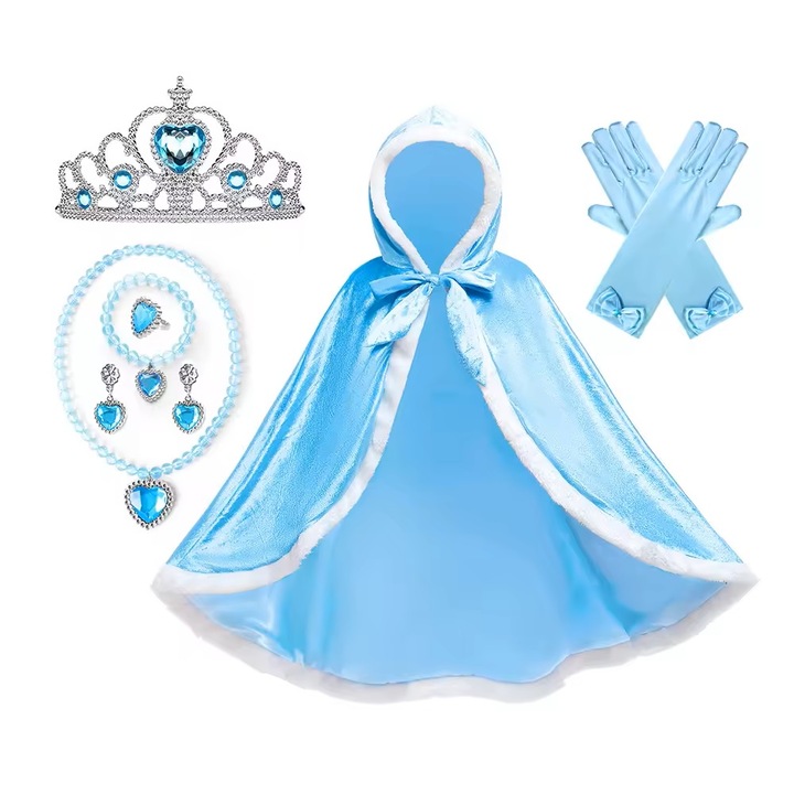 Set accesorii si pelerina cu gluga, Printesa Cenusareasa, Funny Party Team®, albastru, 5-7ani