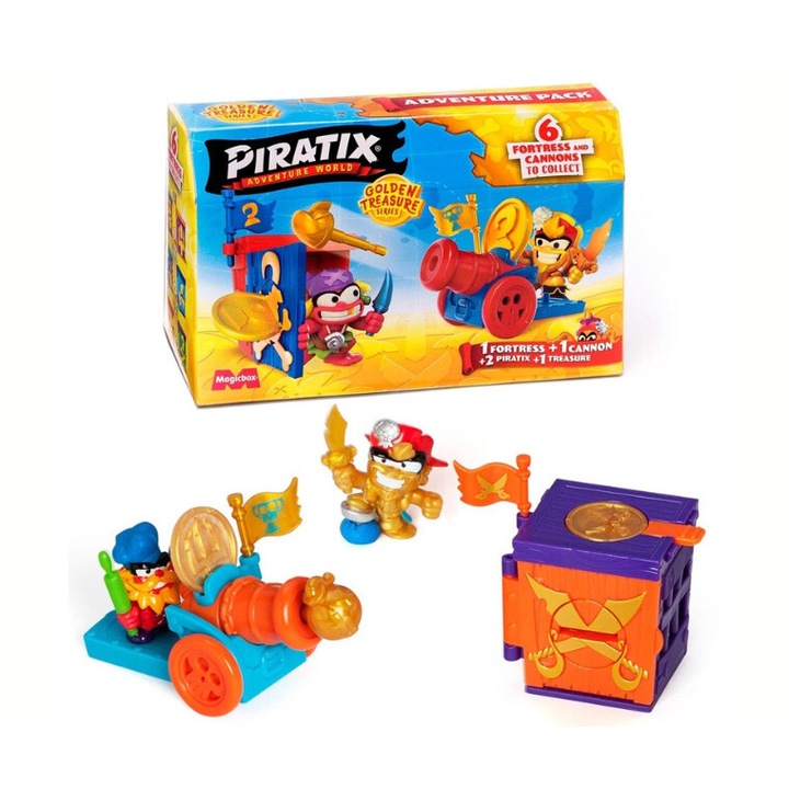 Meglepetésdoboz, Piratix Aranykincs Kaland figurák, 2 figura, erőd, fegyver, érme, 13x8,5x6cm