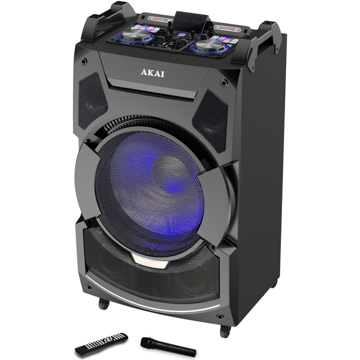 Преносима тонколона DJ Activa AKAI DJ-S3HB, 220W, Bluetooth, FM радио, LED светлини, Черен