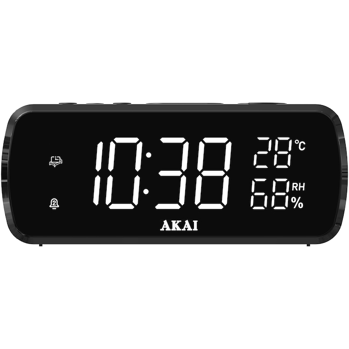 AKAI ACR-1080 rádiós óra, LED kijelző, Páratartalom és hőmérséklet kijelzés, Fekete