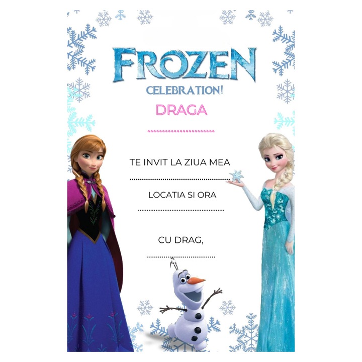 Set 10 invitatii tip formular pentru copii - Frozen Ana si Elsa, Format A6, plic inclus