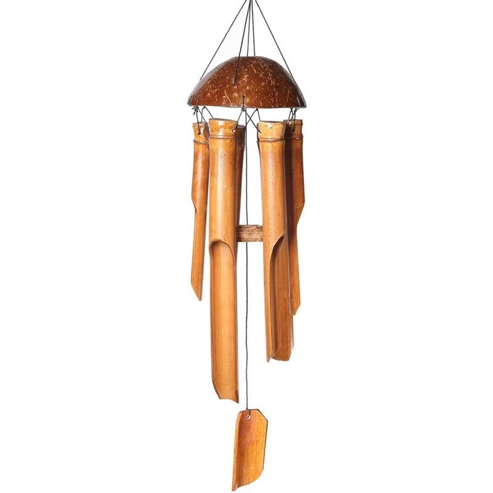 Clopotel de vant din bambus si coaja de cocos, confectionat manual, usor de instalat, sunet relaxant, 12 x 35 cm